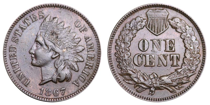 1867 Indian Head penny obverse and reverse showing Miss Liberty portrait and ONE CENT wreath