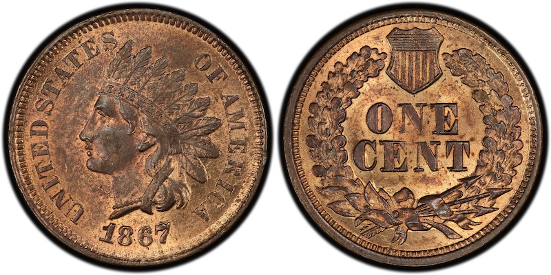 Comparison of normal 1867 Indian Head penny date versus 1867/67 Repunched Date variety showing shifted digit outlines