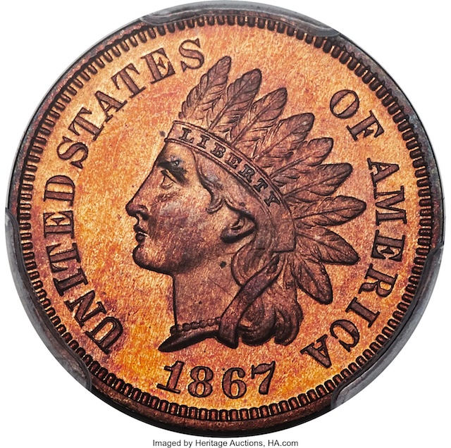 1867 Indian Head penny proof coin with deeply mirrored fields and frosted Miss Liberty devices