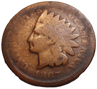 1867 Indian Head penny off-center strike showing Miss Liberty shifted with blank planchet visible and date readable