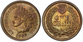 Historical Philadelphia Mint circa 1860s or group of 1867 Indian Head pennies displayed by grade