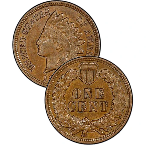 Grading strip showing four 1867 Indian Head pennies in ascending condition from worn Good to Mint State